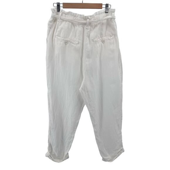 Free People White Paperbag High Waist Belted Linen Pant Womens Large Tapered Leg - Picture 3 of 10
